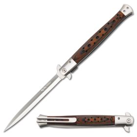 13" Classic Extra Large Brown Wood Spring Assisted Open STILETTO Pocket Knife