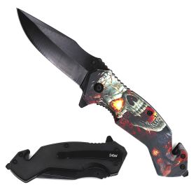 4.75" Closed Red Skull Design Tactical Rescue Spring Assist Knife