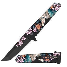 9" Tanto Blade Spring Assisted Pocket Knife Geisha Girl Japanese Maiko