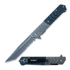 9" Military Black G10 Handle Tanto Serrated 440C Steel Blade Spring Assist Pocket Knife