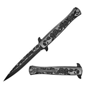 9" Luxury Black Rose Design Spring Assisted Open Folding Pocket Knife