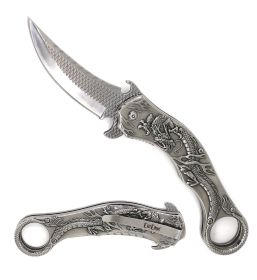 Silver Dragon Sculpture 8.25” Karambit Tactical Spring Assisted Folding Pocket Knife