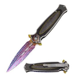 8.25" Rainbow Damascus Etch Style Dirk Dagger Spring Assist Pocket Knife