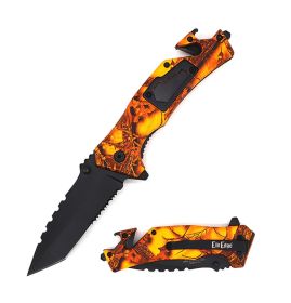 8" Military Tactical Spring Assisted Rescue Multi Tool Pocket Orange Camo Knife