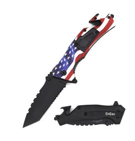 8" Military Tactical Spring Assisted Rescue Multi Tool Pocket USA Flag Knife