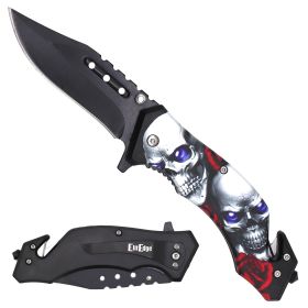 Military TACTICAL Assisted Open Pocket Folding Silver Skulls Rescue Knife Blade