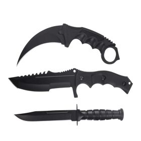 3 Pc Combo CSGO Black Tactical Fixed Blade Knife Set - Karambit, Huntsman, Combat Knife