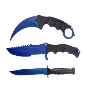 3 Pc Combo CSGO Blue Tactical Fixed Blade Knife Set - Karambit, Huntsman, Combat Knife
