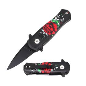 3.25" Closed Red Rose CNC Aluminum Handle Mini Auto Switch Blade Knife