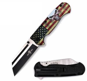 4.6" Closed US Flag Punisher Cleaver Razor Blade Spring Assist Knife