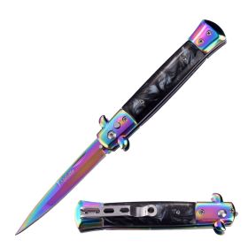 5" Closed Classic Stiletto Automatic Switch Blade Knife - Titanium Rainbow